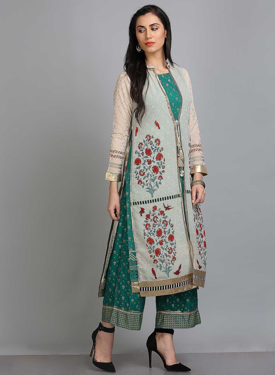 White &amp; Green Printed Mandarin Neck kurta - wforwoman