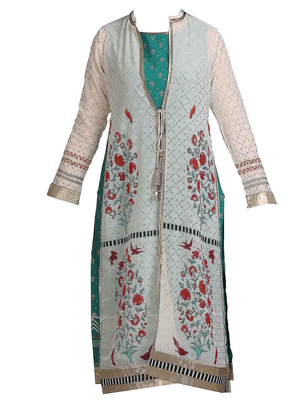 White &amp; Green Printed Mandarin Neck kurta - wforwoman