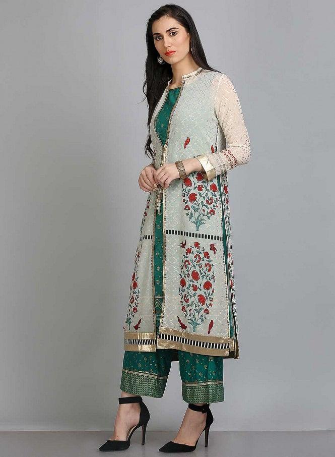 White &amp; Green Printed Mandarin Neck kurta - wforwoman