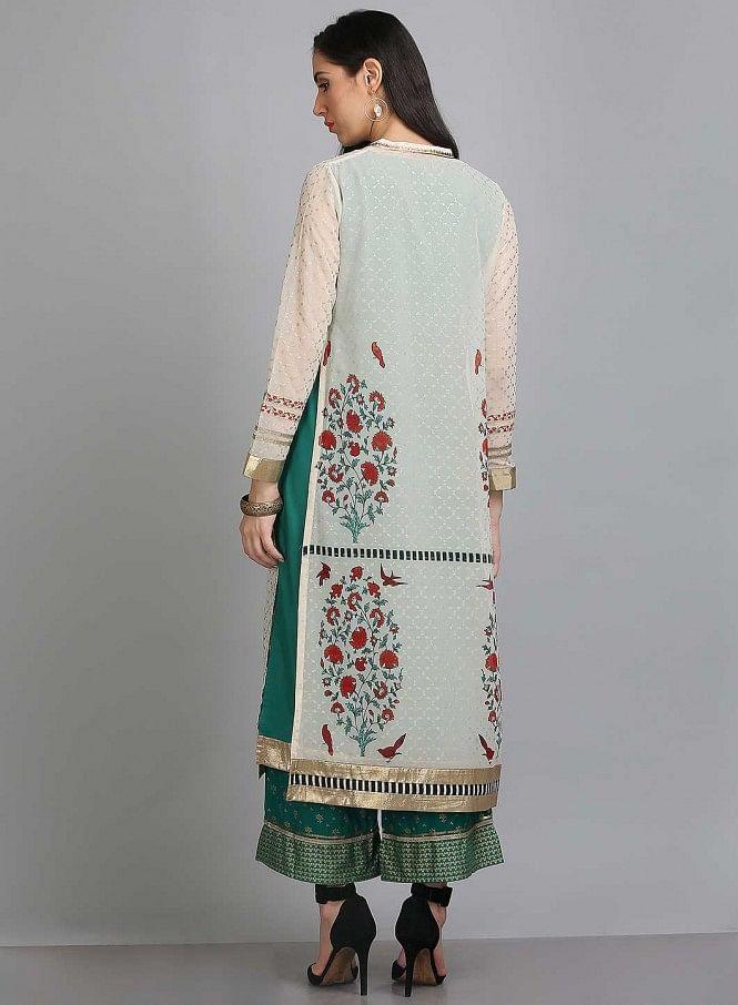 White &amp; Green Printed Mandarin Neck kurta - wforwoman