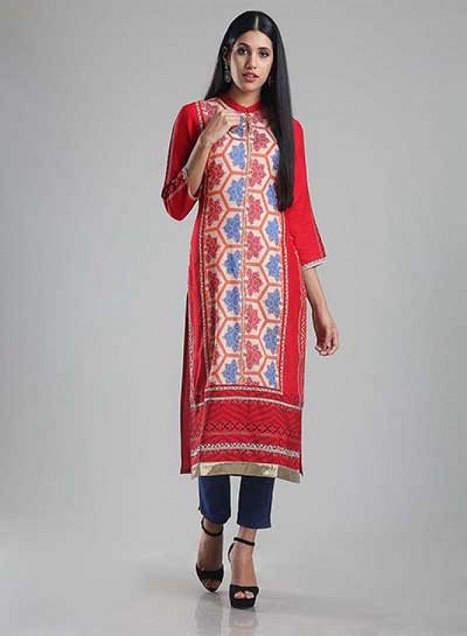 Red Mandarin Neck Printed kurta - wforwoman