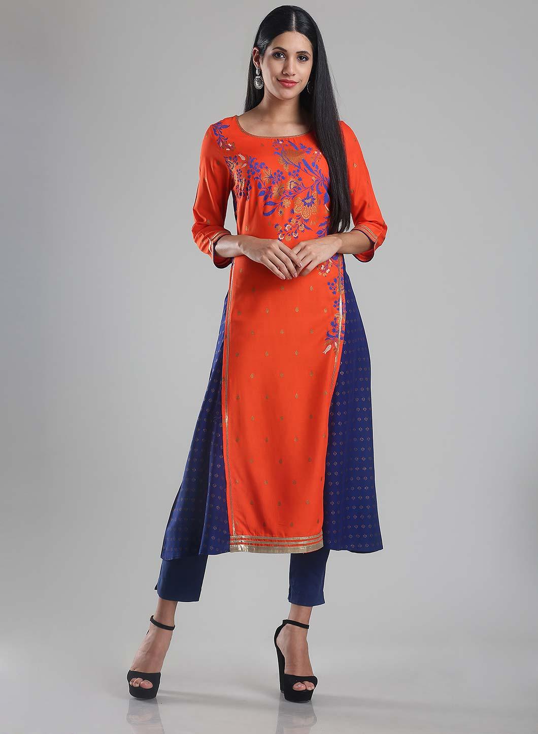 Orange &amp; Blue Round Neck Printed kurta - wforwoman