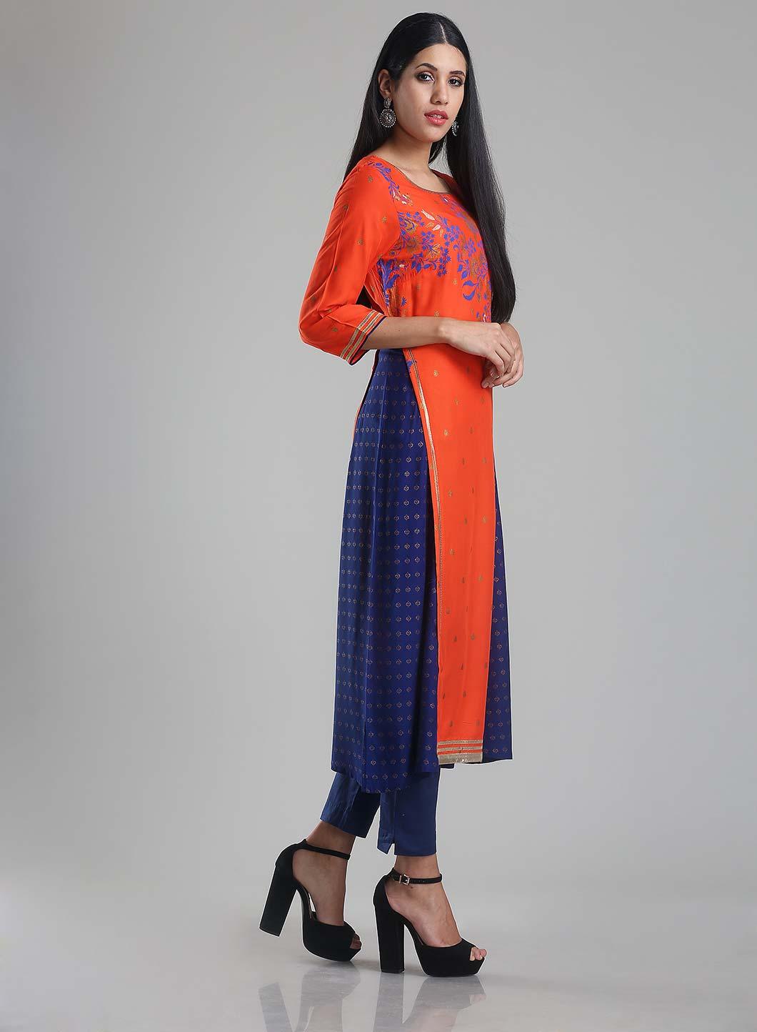 Orange &amp; Blue Round Neck Printed kurta - wforwoman