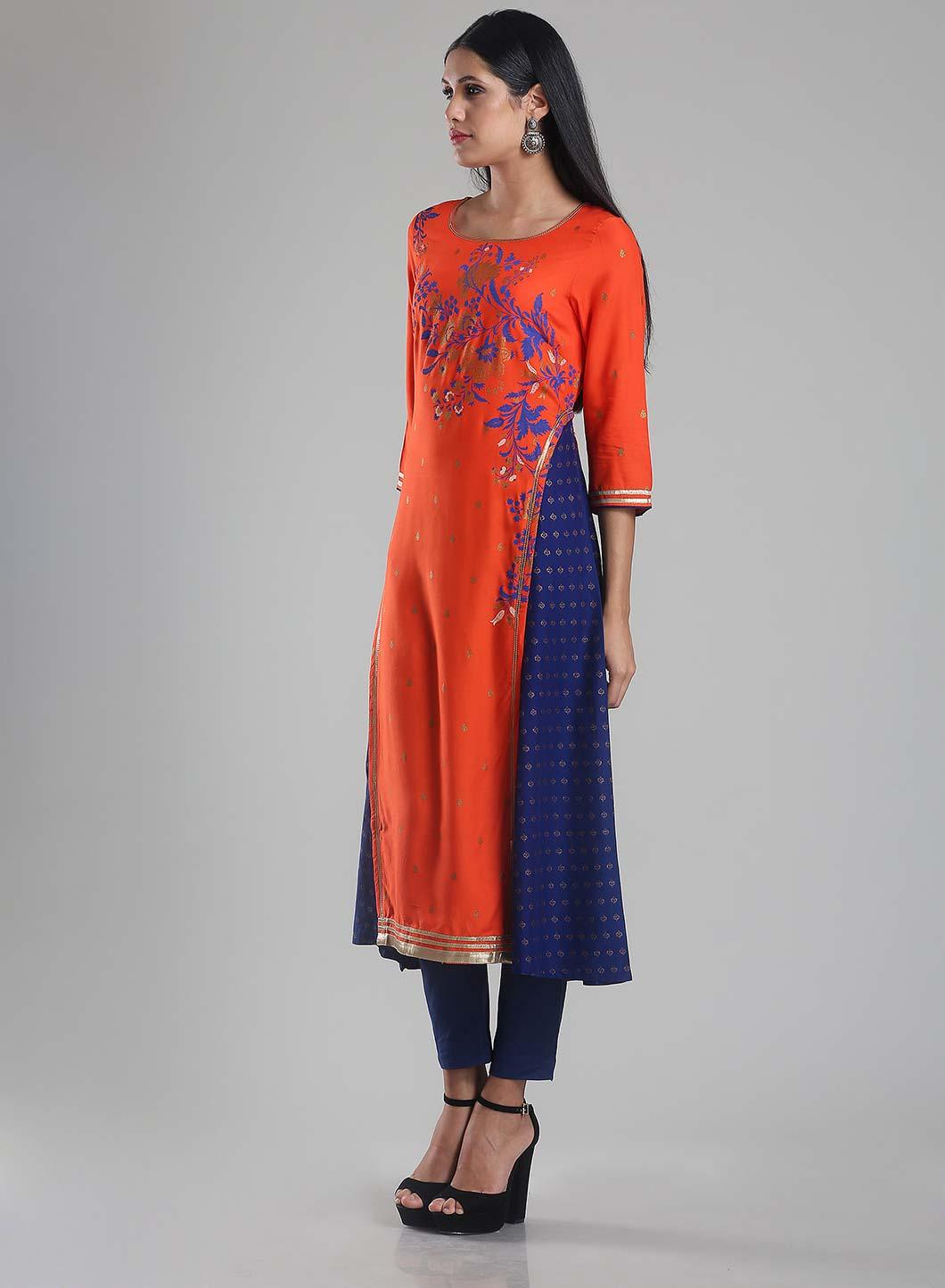 Orange &amp; Blue Round Neck Printed kurta - wforwoman