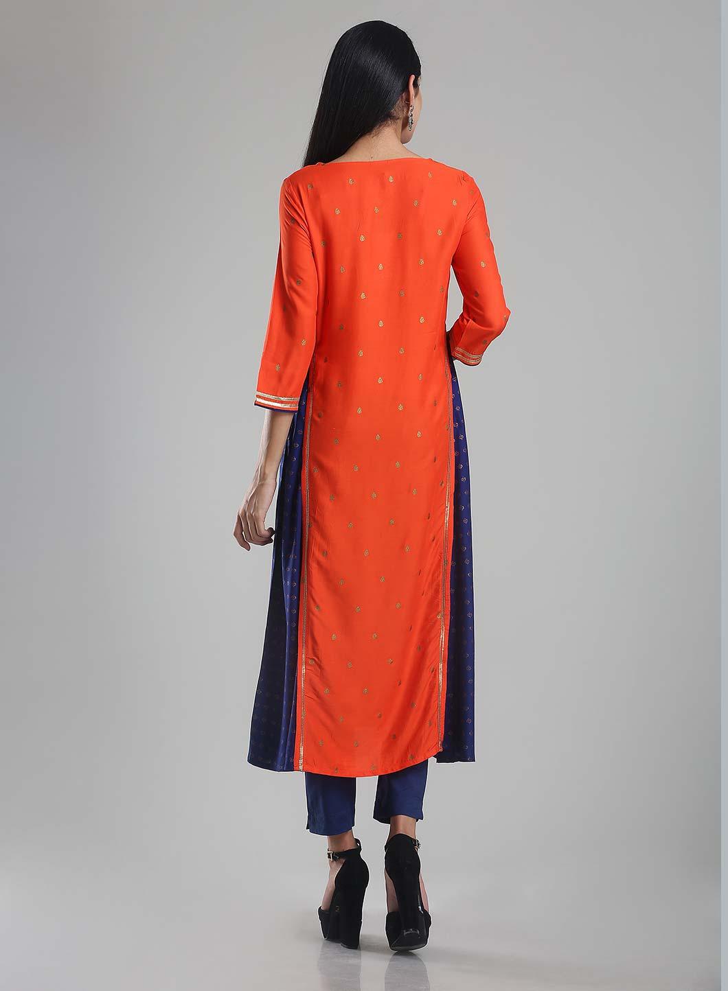 Orange &amp; Blue Round Neck Printed kurta - wforwoman