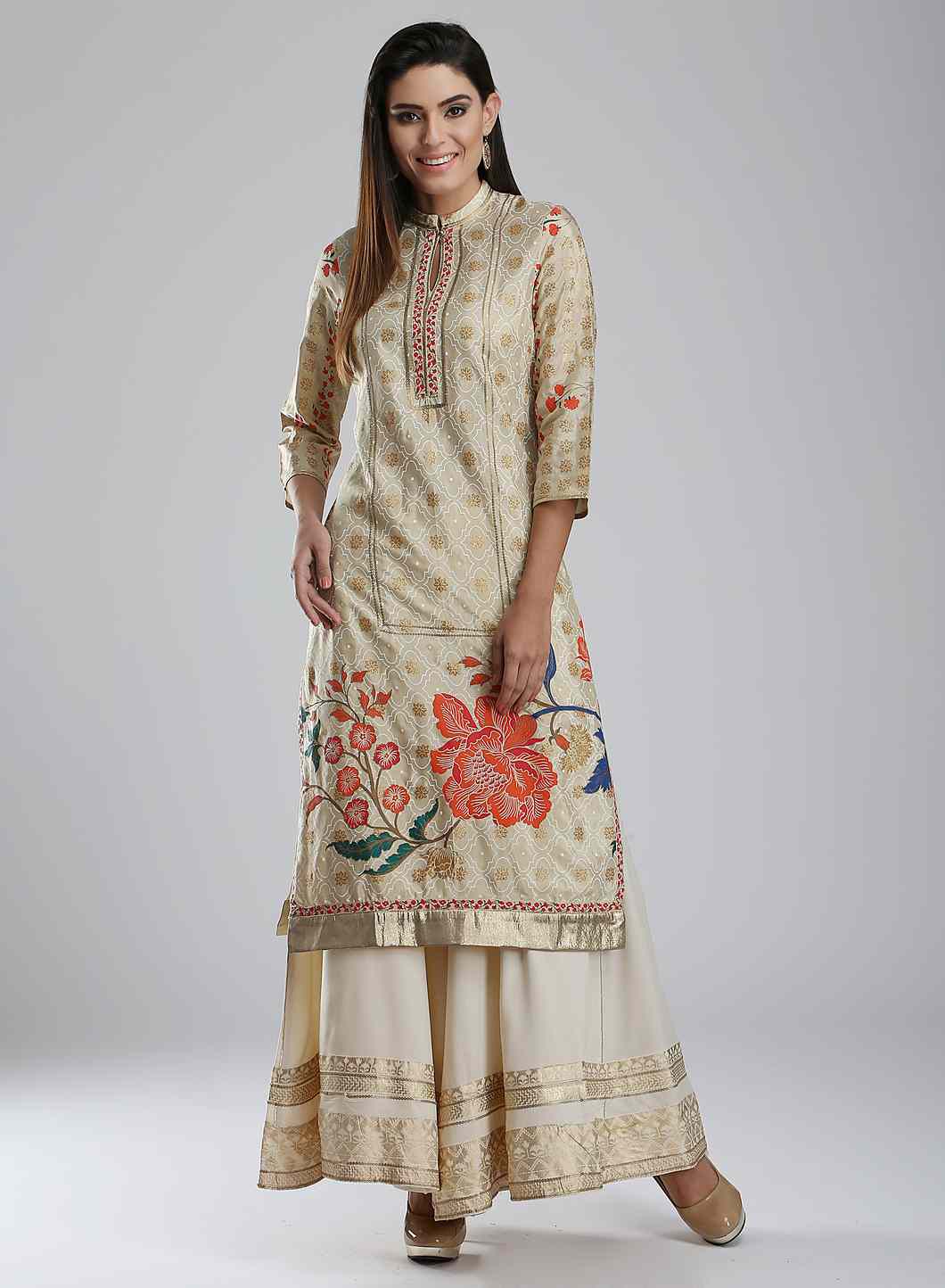 Beige Floral Printed kurta