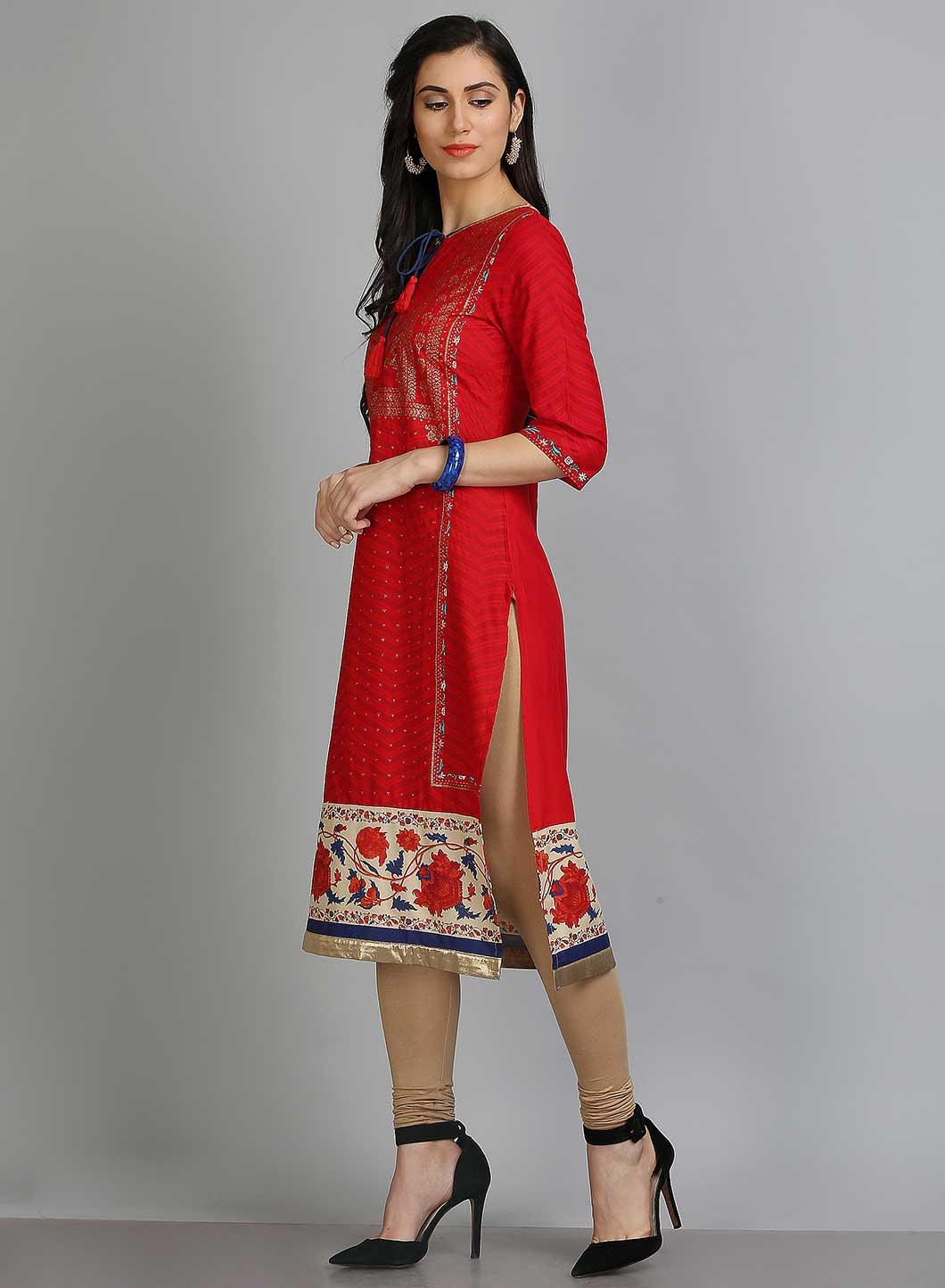 Red Printed Round Neck kurta - wforwoman