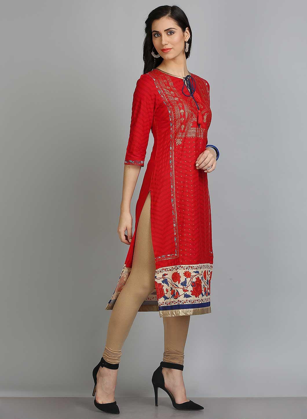 Red Printed Round Neck kurta - wforwoman