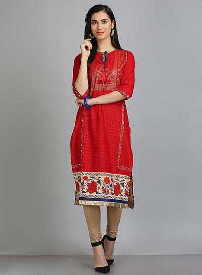 Red Printed Round Neck kurta - wforwoman