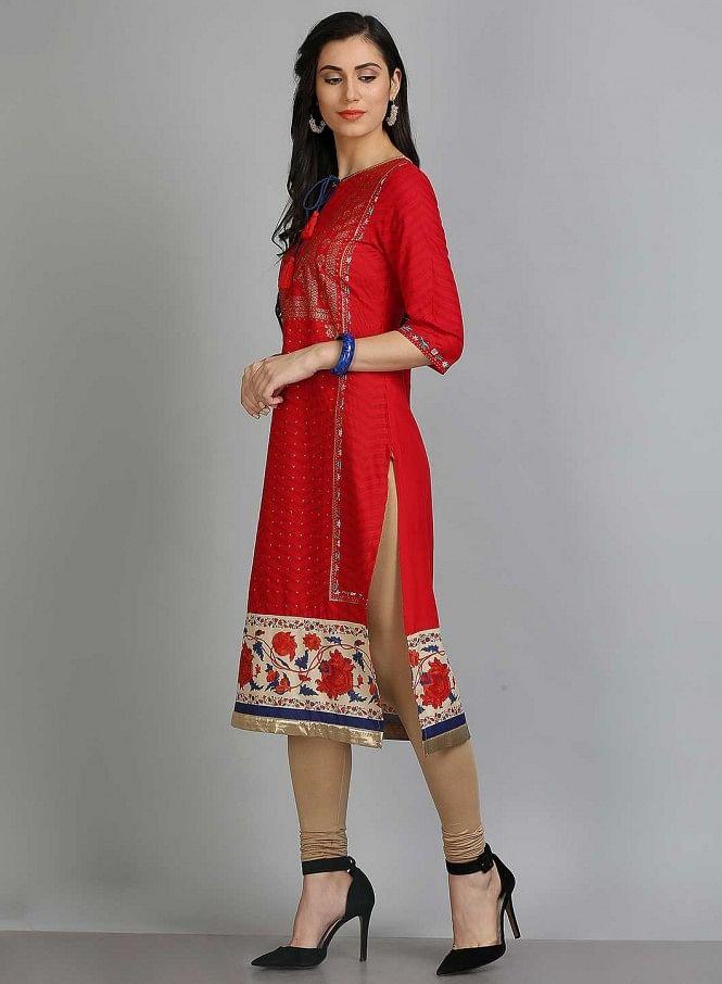 Red Printed Round Neck kurta - wforwoman