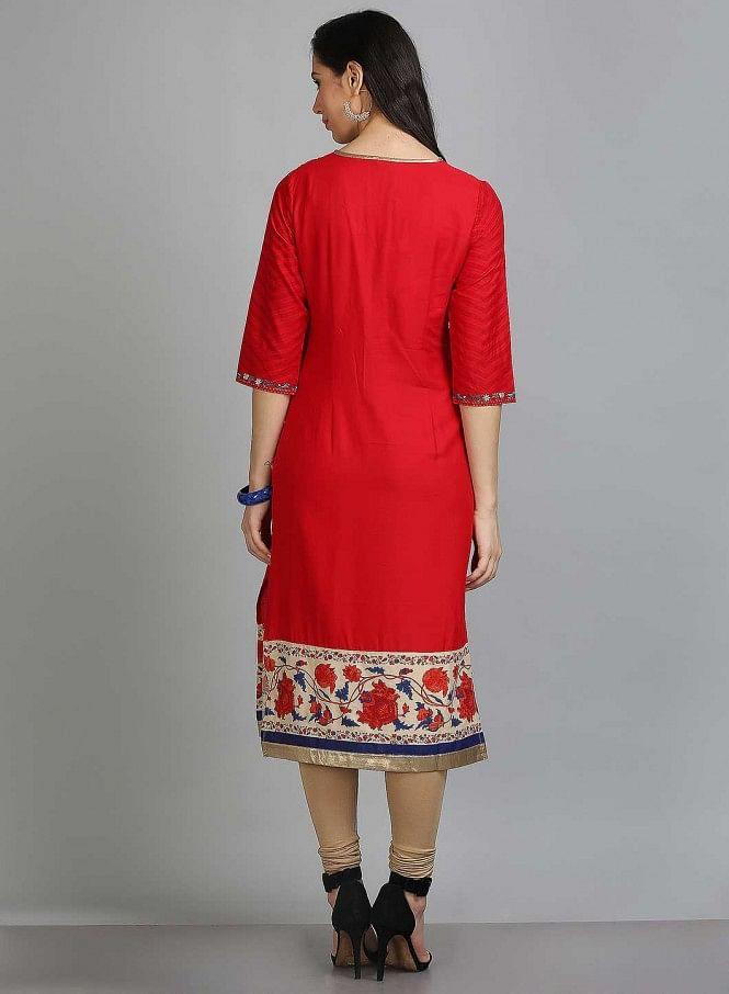 Red Printed Round Neck kurta - wforwoman