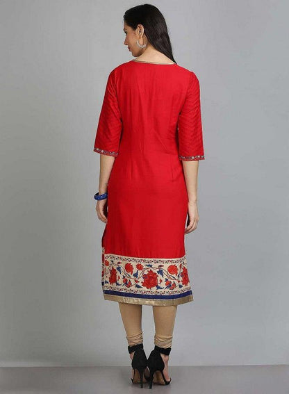 Red Printed Round Neck kurta - wforwoman