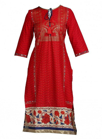 Red Printed Round Neck kurta - wforwoman