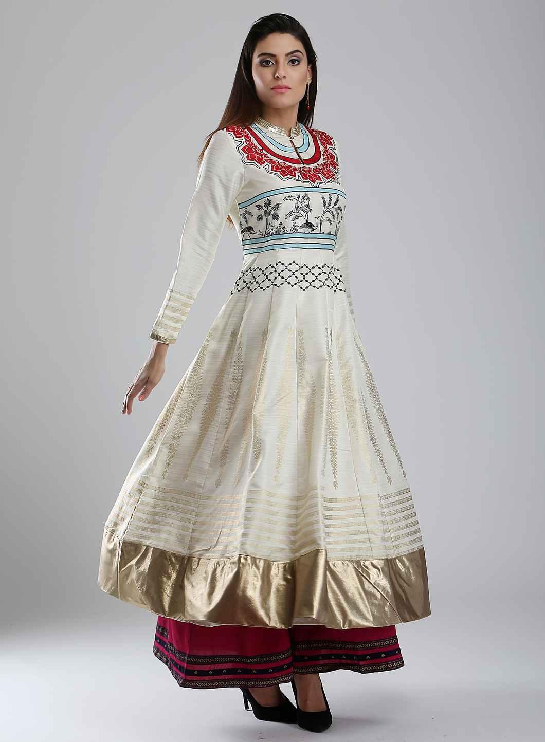 White Printed Mandarin Mughal Gown - wforwoman