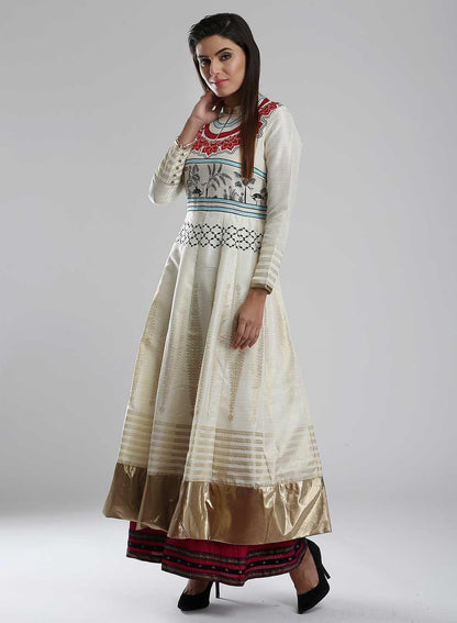 White Printed Mandarin Mughal Gown - wforwoman