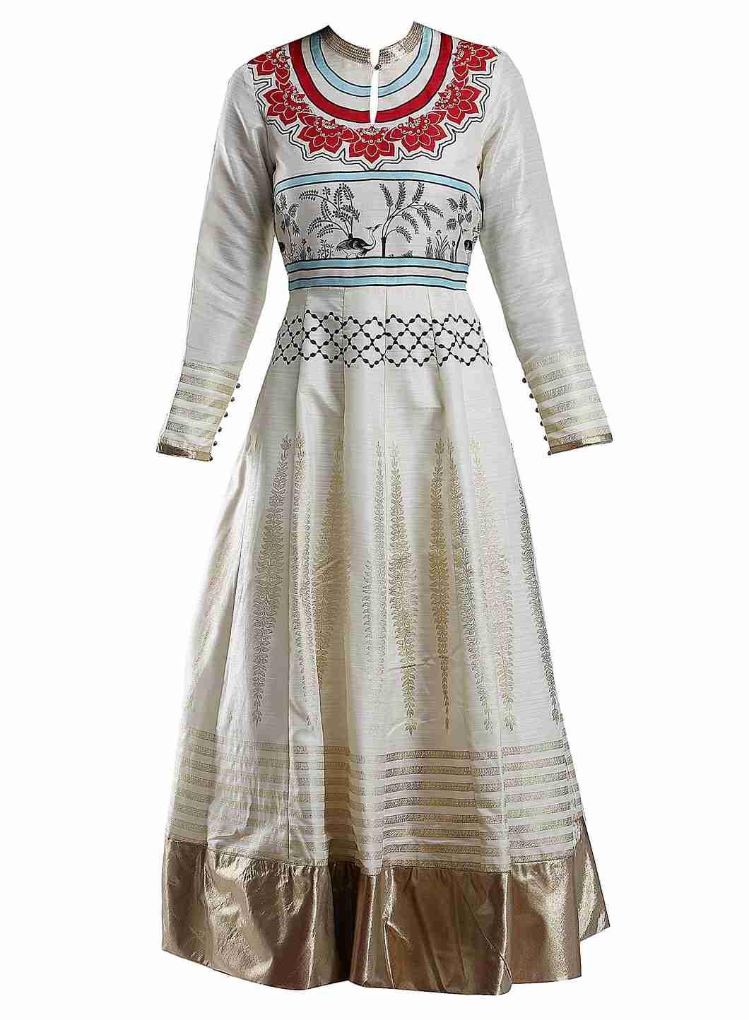 White Printed Mandarin Mughal Gown - wforwoman