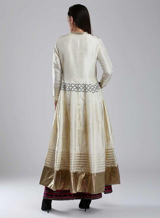 White Printed Mandarin Mughal Gown - wforwoman