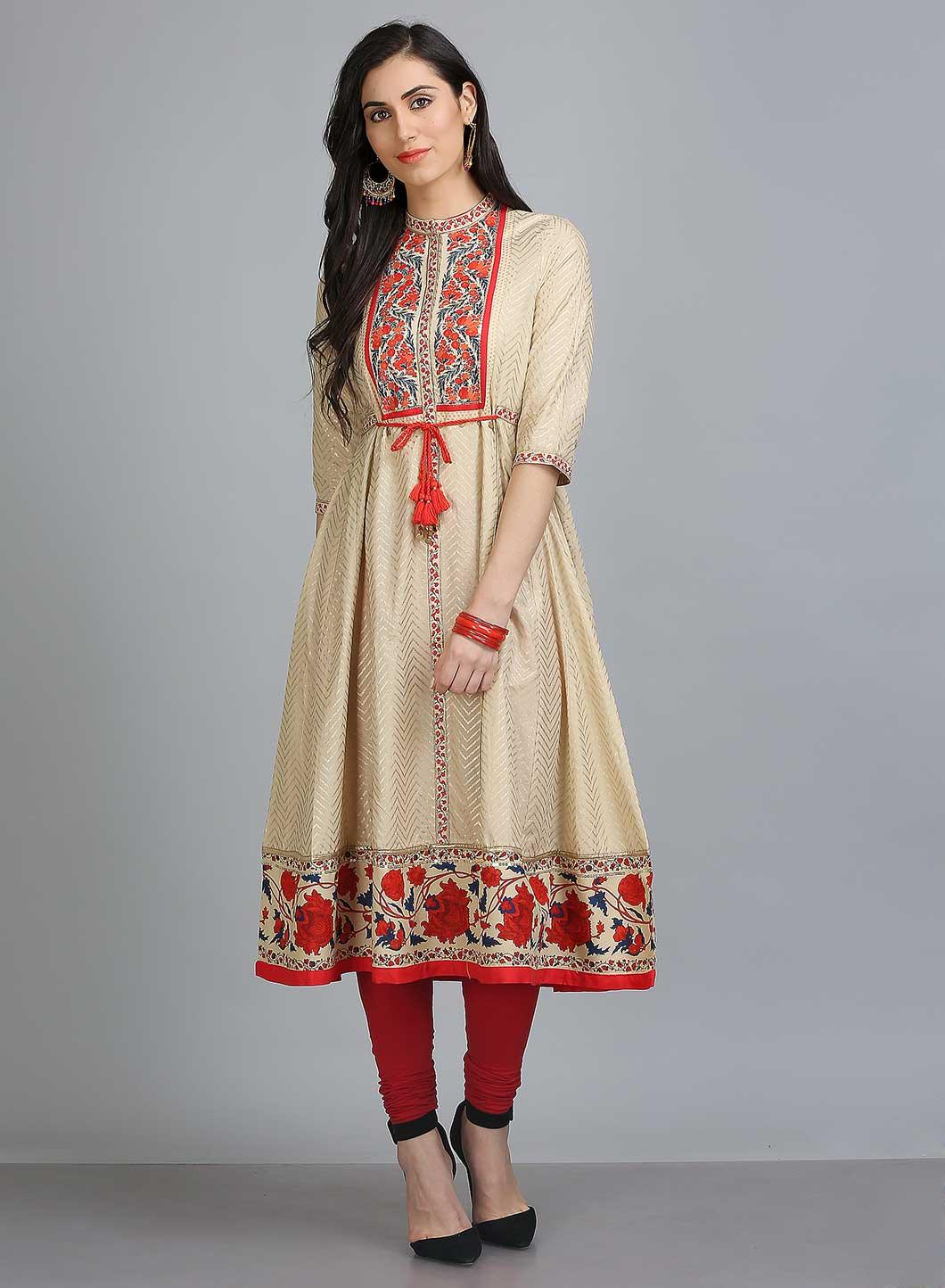 Gold &amp; Red Floral Print Mandarin Neck kurta - wforwoman