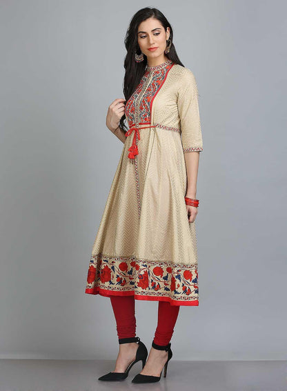 Gold &amp; Red Floral Print Mandarin Neck kurta - wforwoman