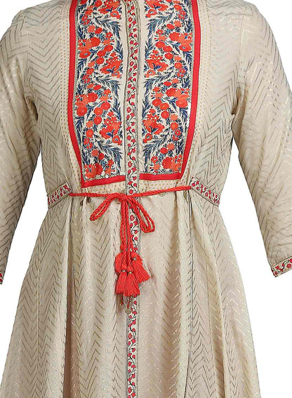 Gold &amp; Red Floral Print Mandarin Neck kurta - wforwoman