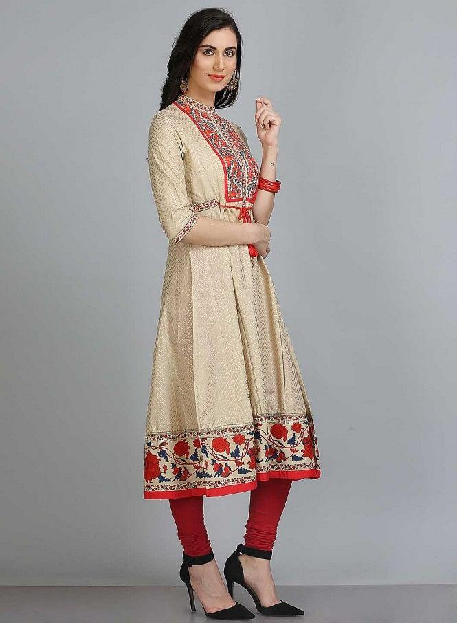 Gold &amp; Red Floral Print Mandarin Neck kurta - wforwoman