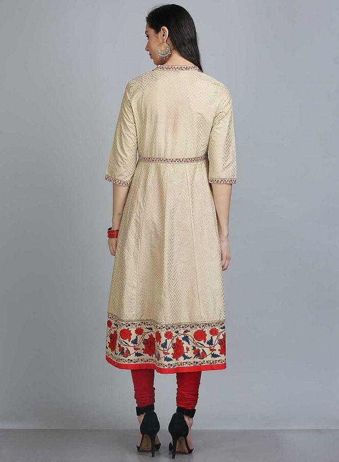 Gold &amp; Red Floral Print Mandarin Neck kurta - wforwoman