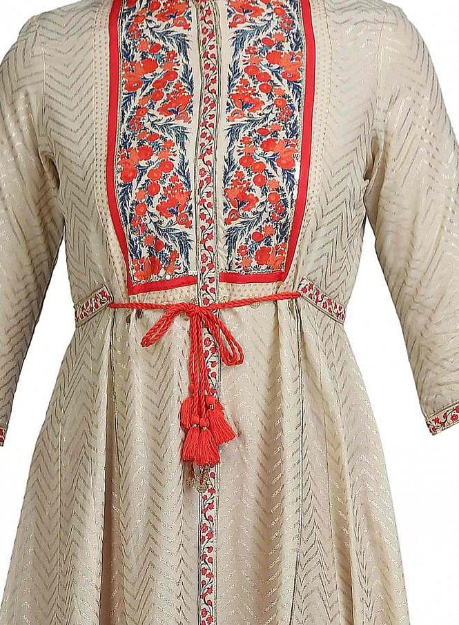 Gold &amp; Red Floral Print Mandarin Neck kurta - wforwoman