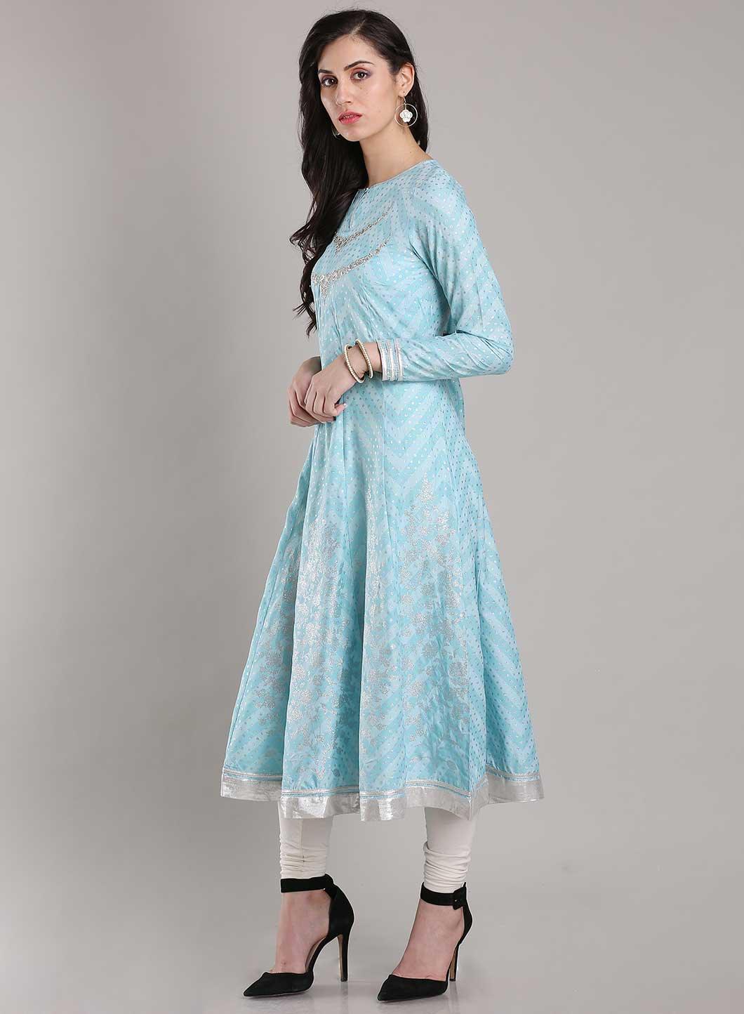 Blue Printed Round Neck kurta - wforwoman