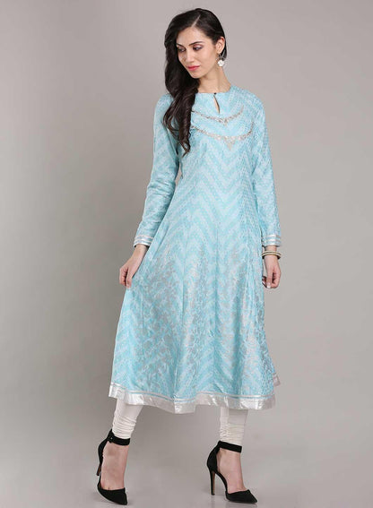 Blue Printed Round Neck kurta - wforwoman