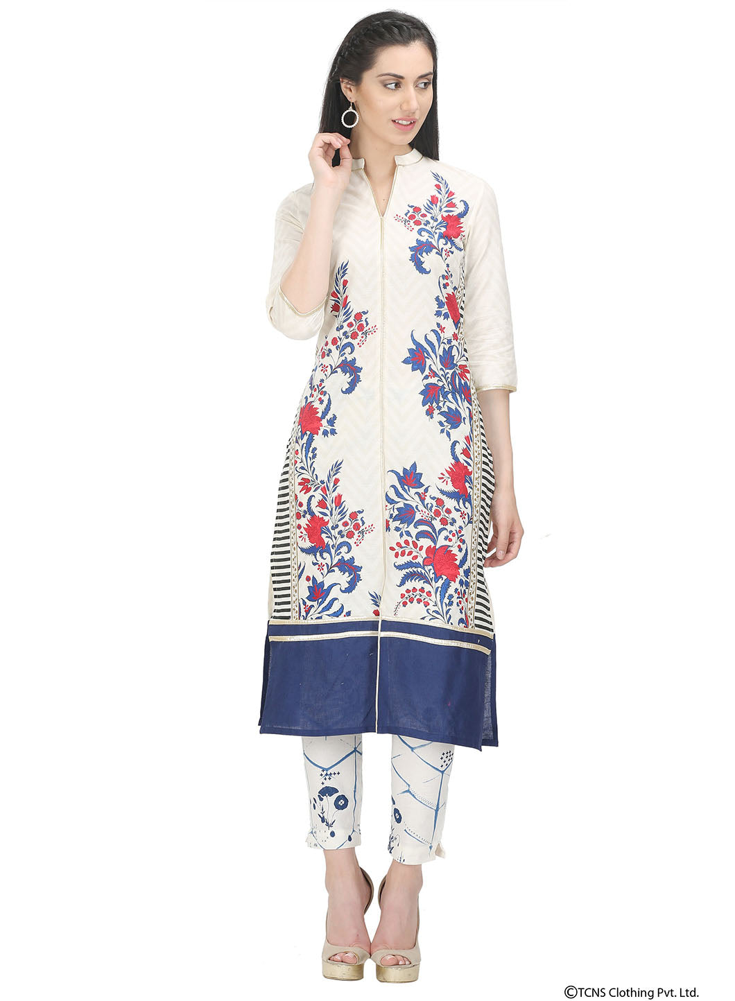 White 3/4 Sleeve Printed kurta