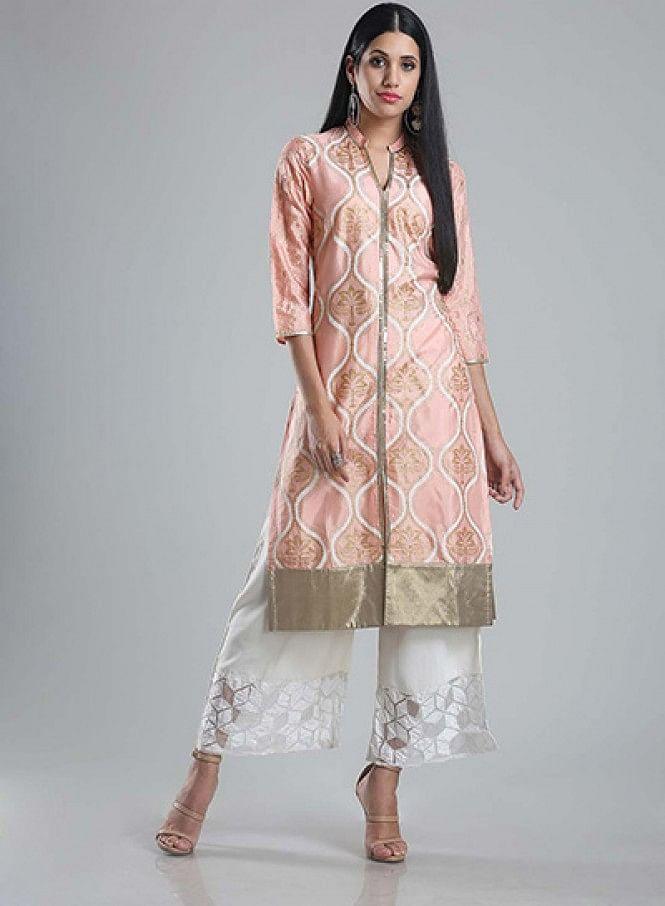 Pink Printed Mandarin Neck kurta - wforwoman