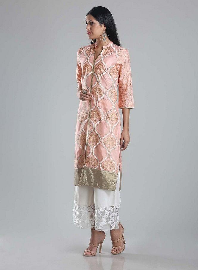 Pink Printed Mandarin Neck kurta - wforwoman