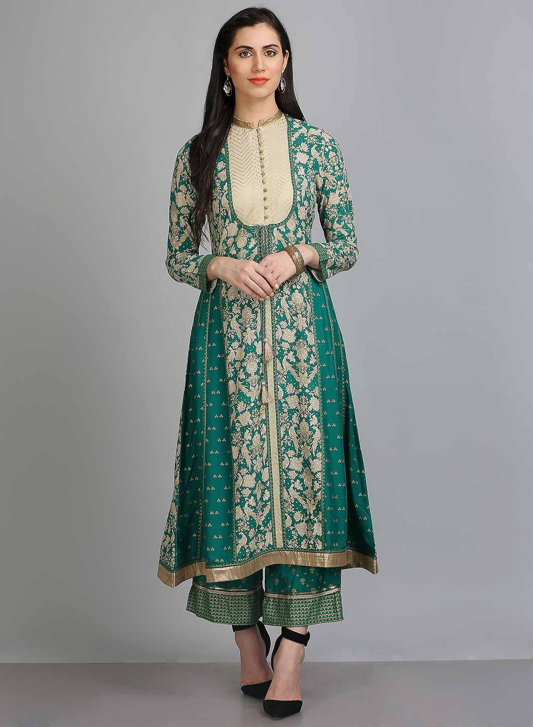 Green Printed Mandarin Neck kurta - wforwoman