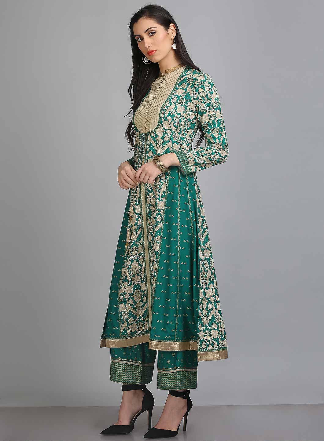 Green Printed Mandarin Neck kurta - wforwoman