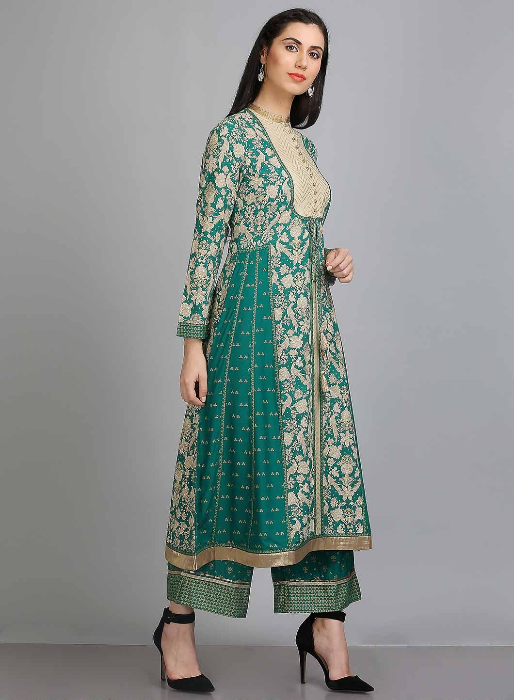 Green Printed Mandarin Neck kurta - wforwoman