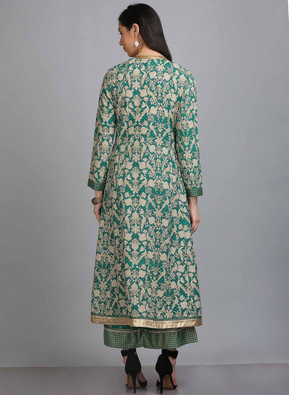 Green Printed Mandarin Neck kurta - wforwoman