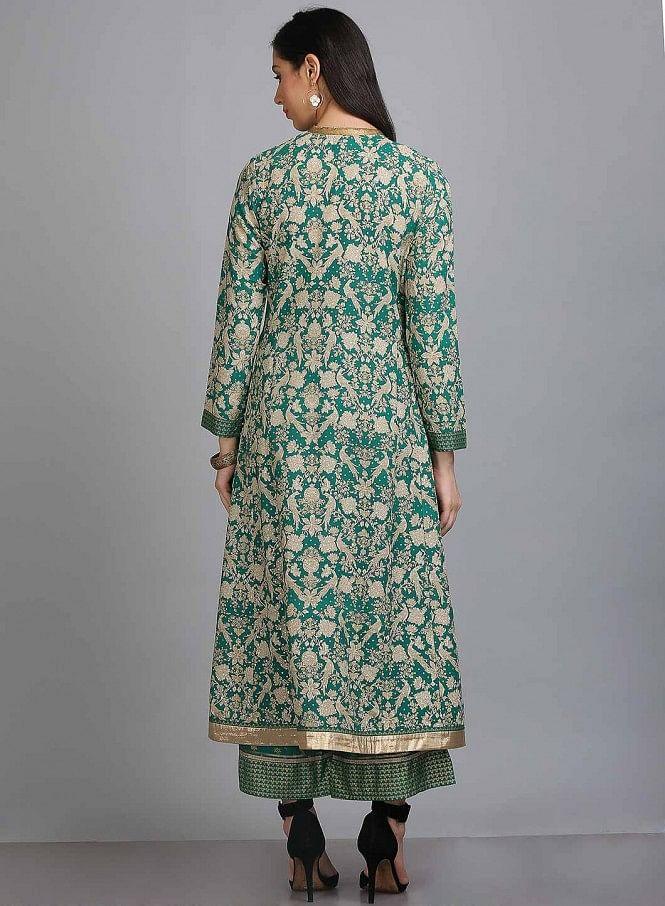 Green Printed Mandarin Neck kurta - wforwoman