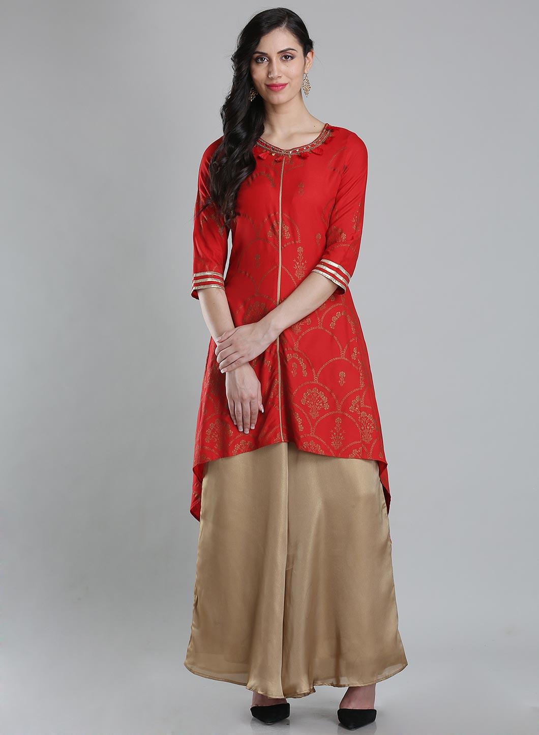 Red Round Neck Asymmetrical kurta - wforwoman