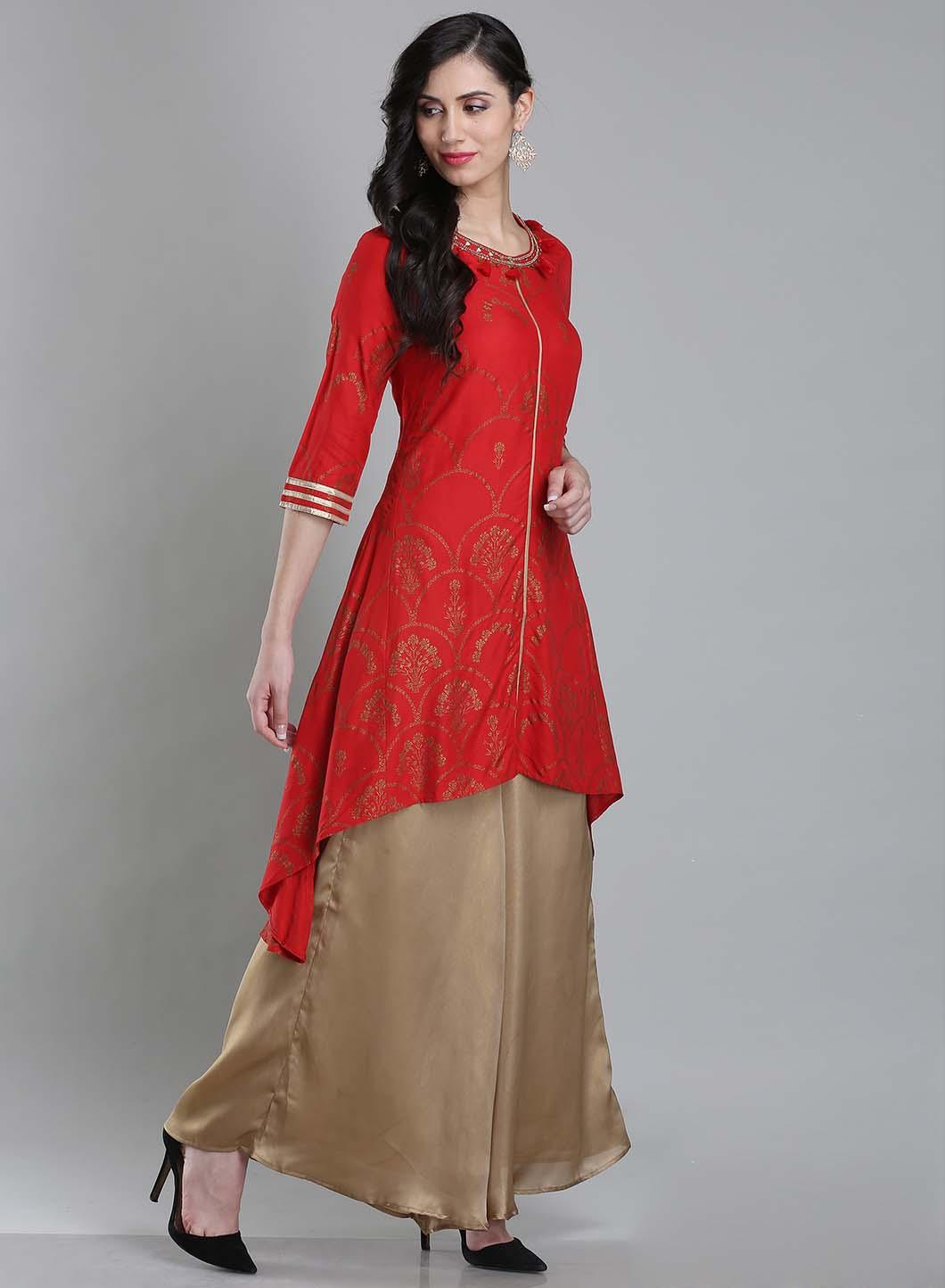 Red Round Neck Asymmetrical kurta - wforwoman