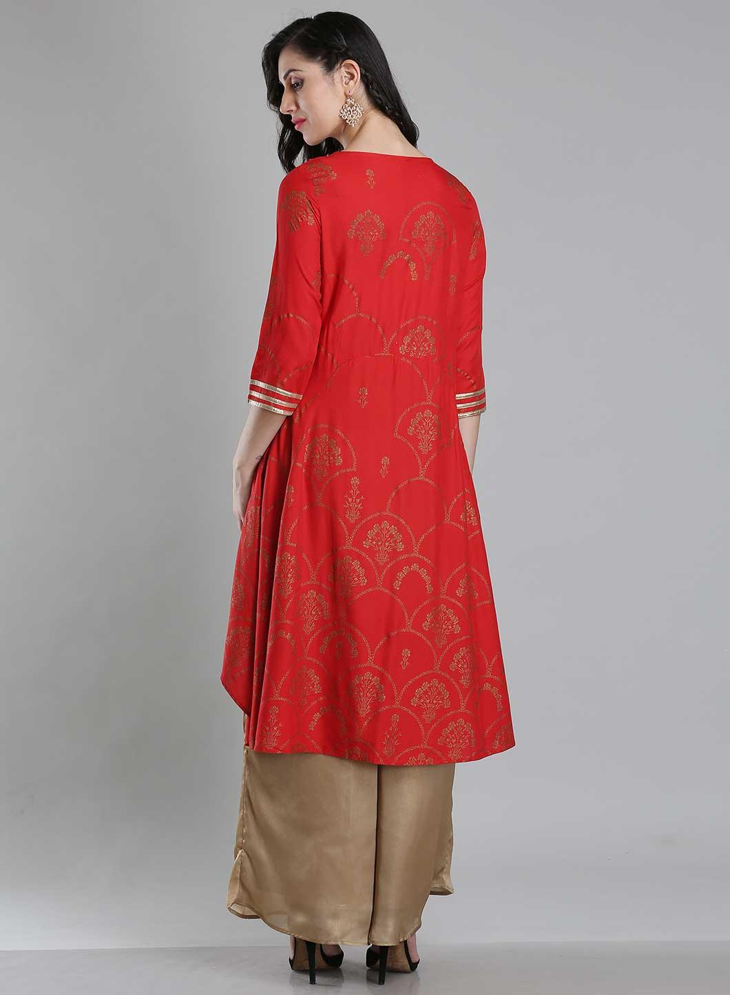 Red Round Neck Asymmetrical kurta - wforwoman