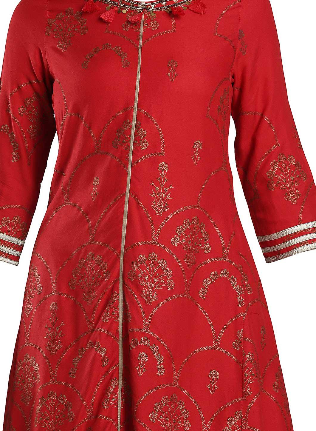 Red Round Neck Asymmetrical kurta - wforwoman