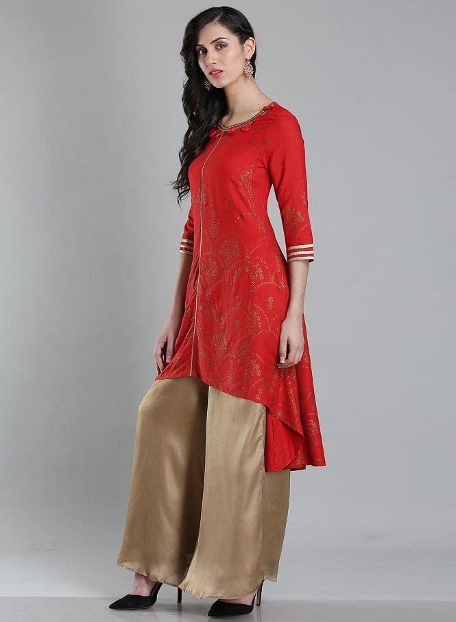 Red Round Neck Asymmetrical kurta - wforwoman