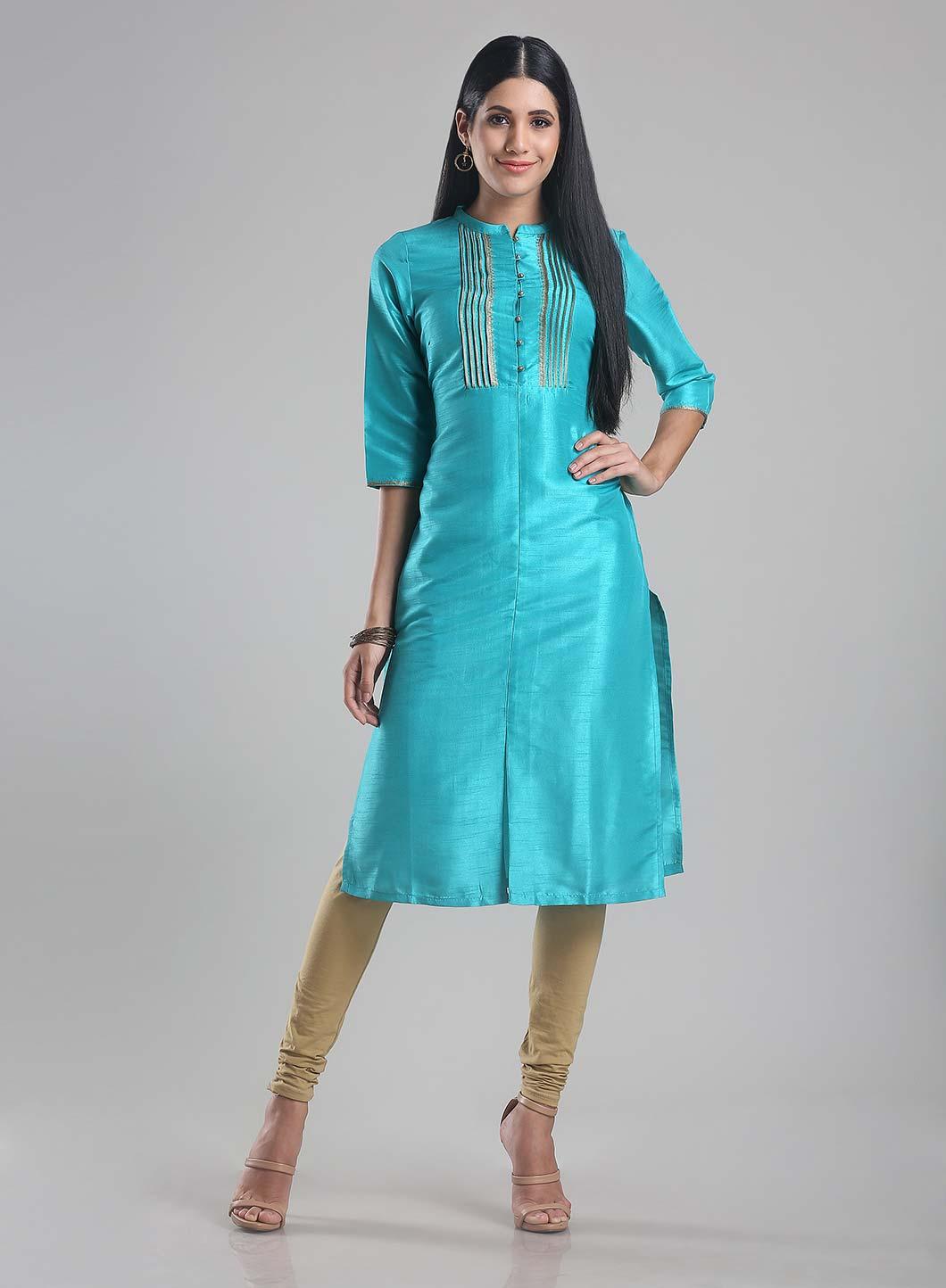 Blue Mandarin Neck Pintuck kurta - wforwoman