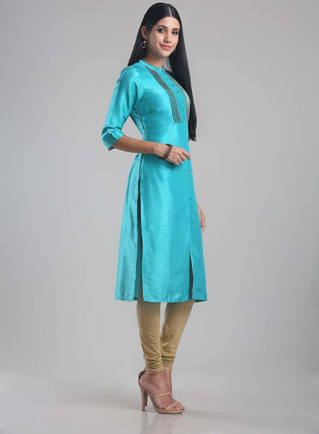 Blue Mandarin Neck Pintuck kurta - wforwoman