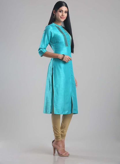 Blue Mandarin Neck Pintuck kurta - wforwoman