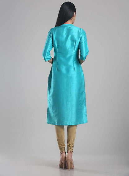 Blue Mandarin Neck Pintuck kurta - wforwoman