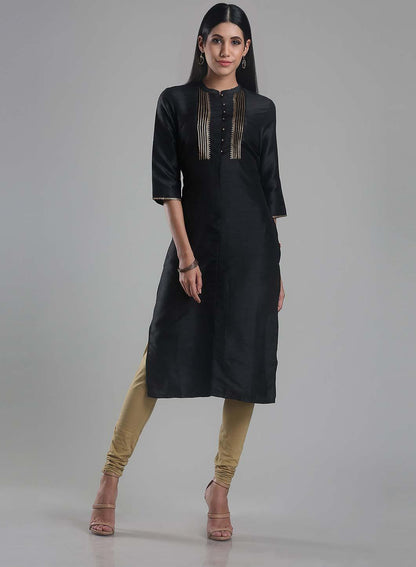 Black Mandarin Neck Pintuck kurta - wforwoman