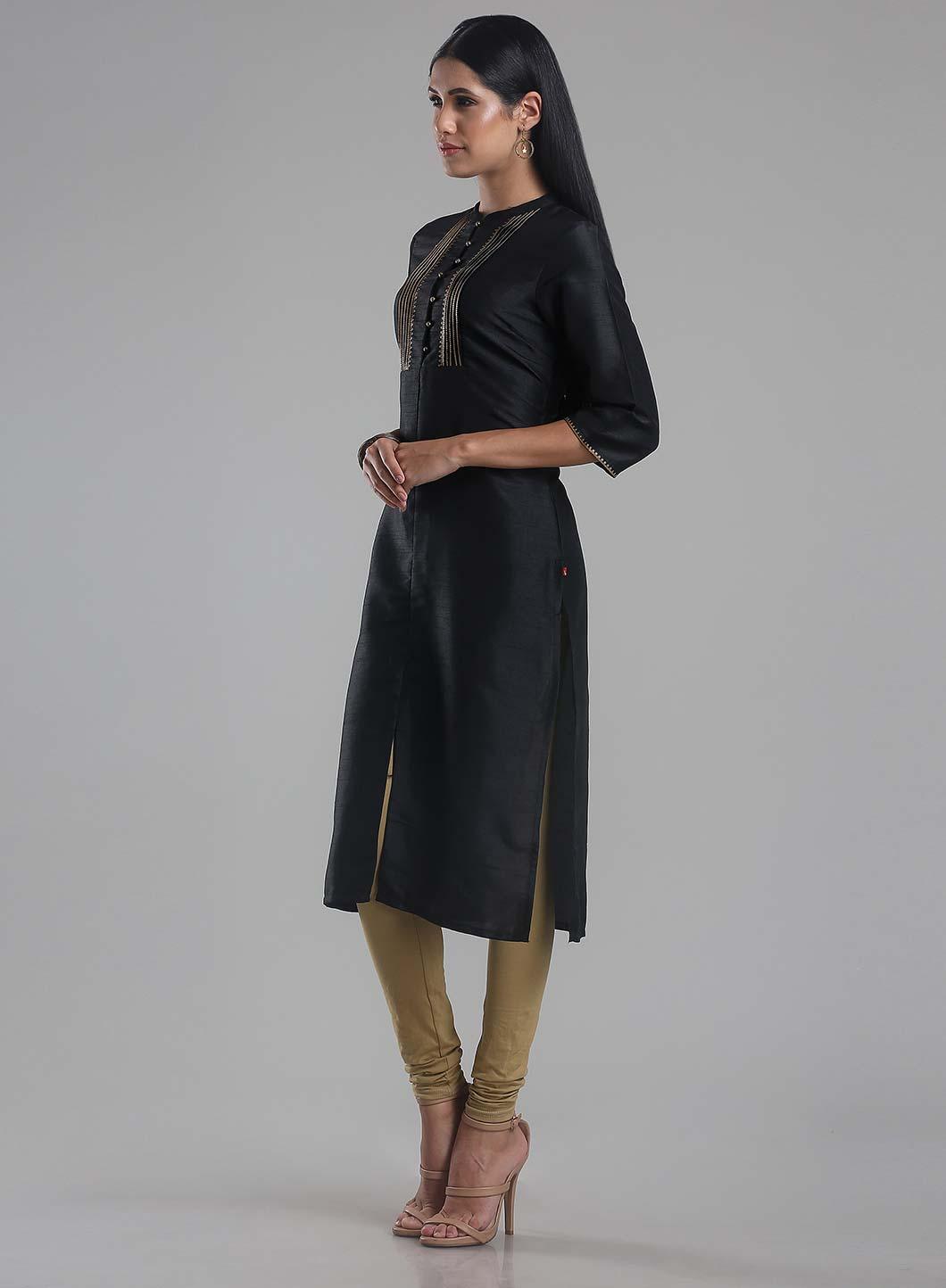 Black Mandarin Neck Pintuck kurta - wforwoman