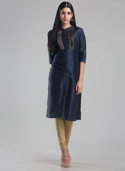 Navy Mandarin Neck Pintuck kurta - wforwoman