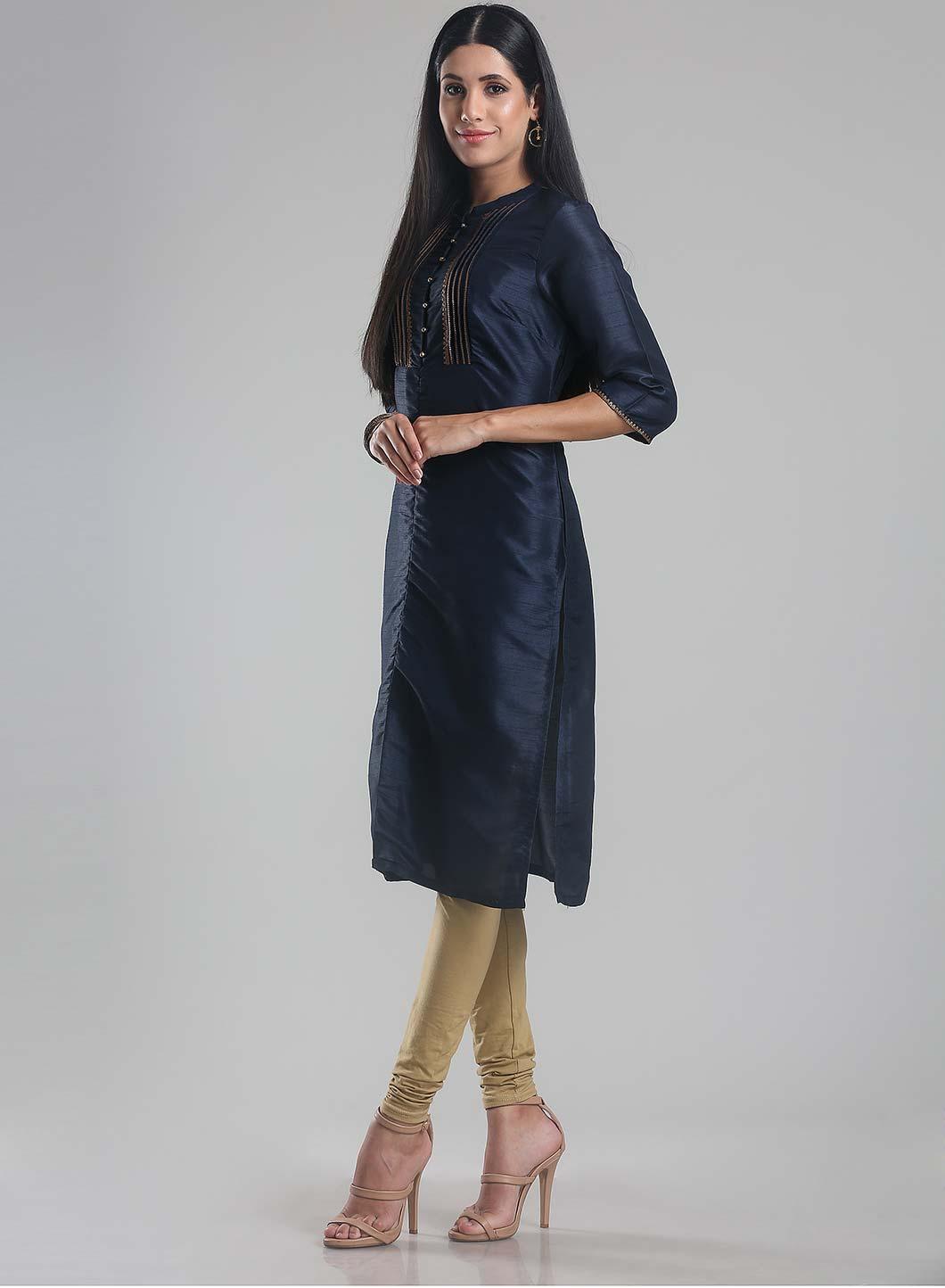 Navy Mandarin Neck Pintuck kurta - wforwoman